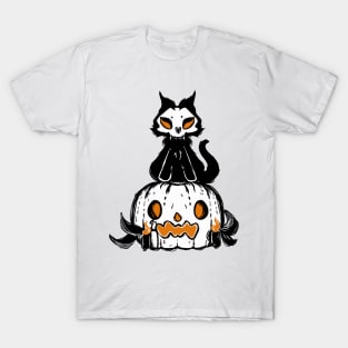 Scared pumpkin and spooky cat halloween 2022 decoration ink drawing T-Shirt